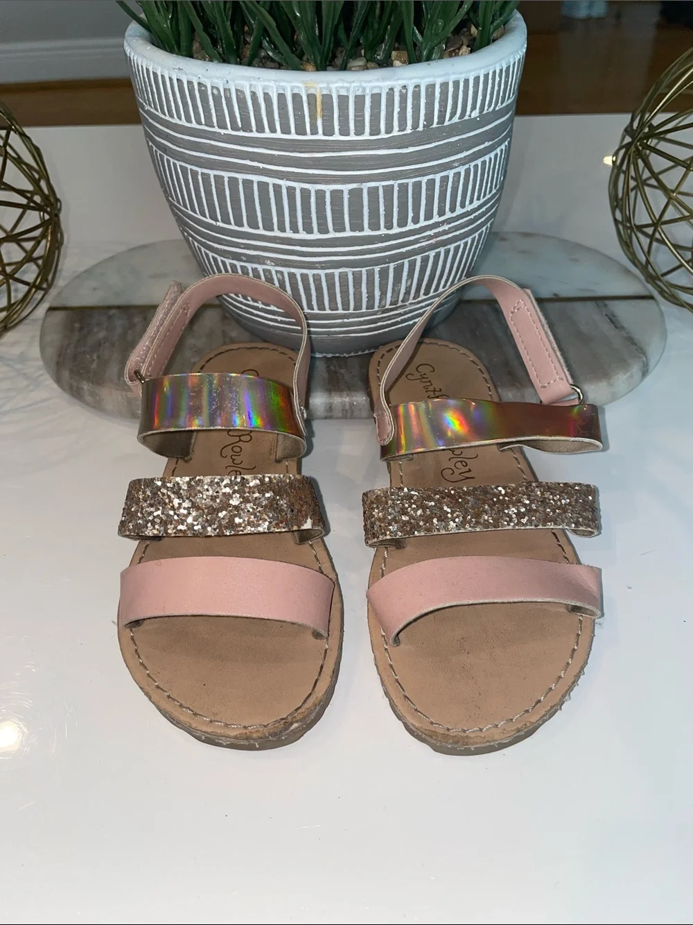Cynthia Rowley Pink Glitter & Holographic Strap Kids Sandals